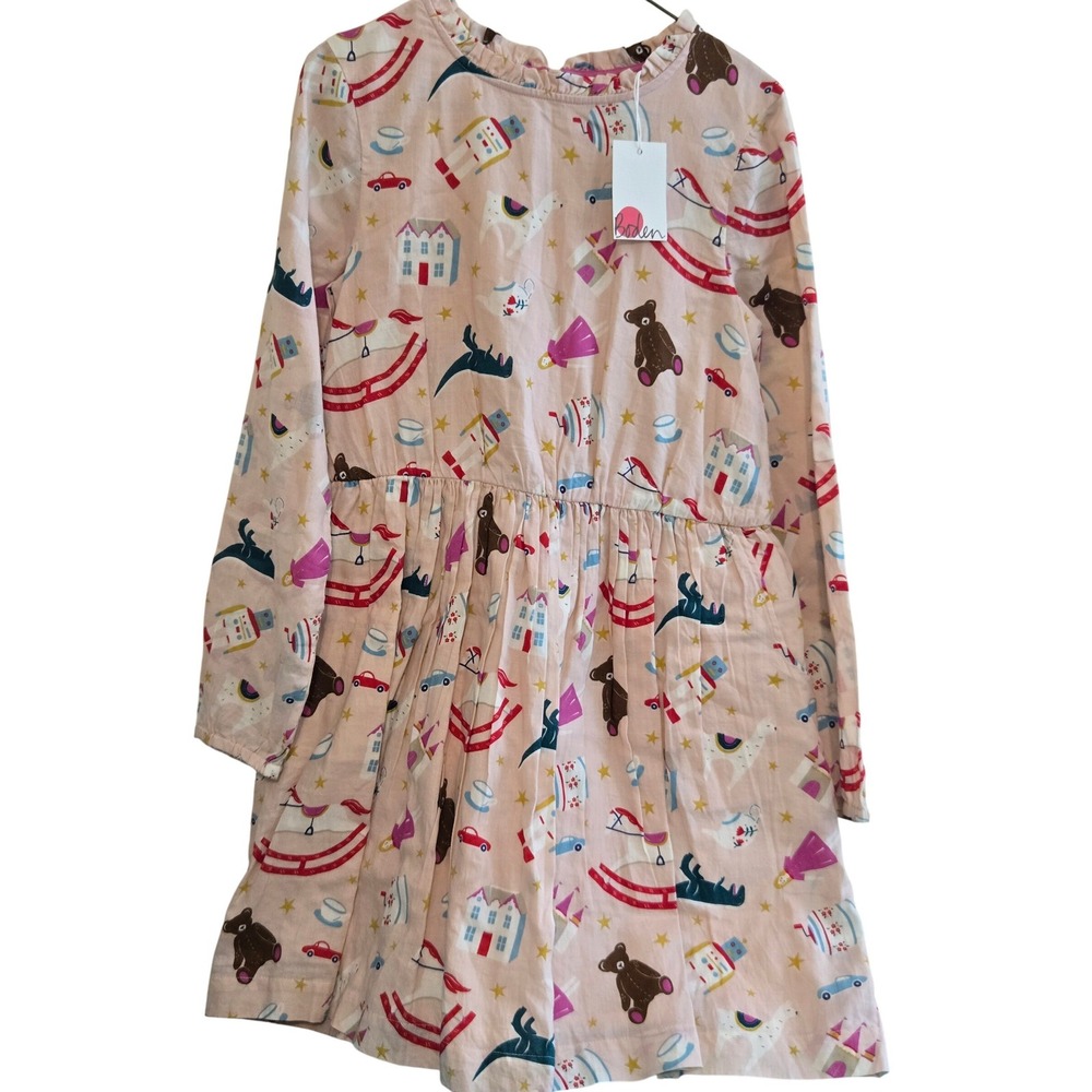 Mini Boden Kids Pink Toy Print Long Sleeve Dress with Ruffle Neck Pockets 9-10yr